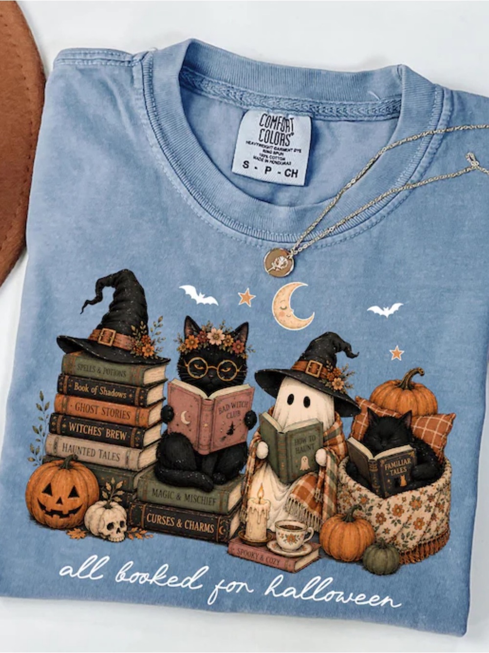 Comfort Colors Light Blue Halloween Tee - All Booked for Halloween